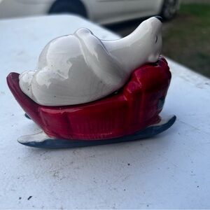 White Ceramic Sleeping Bear salt and pepper shaker Coca-Cola- Home Art